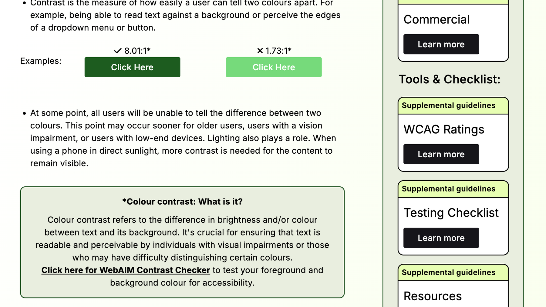 The contrast section, with a passing and a failing button shown side by side and their ratios above them