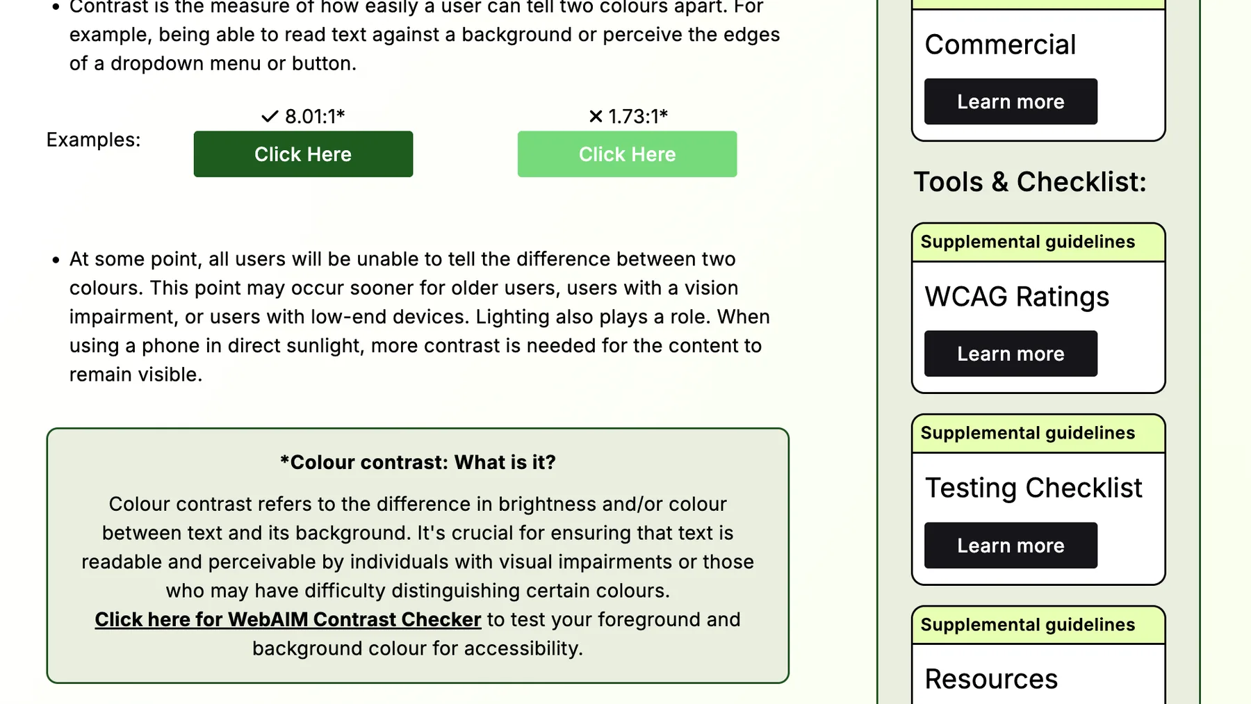 The contrast section, with a passing and a failing button shown side by side and their ratios above them