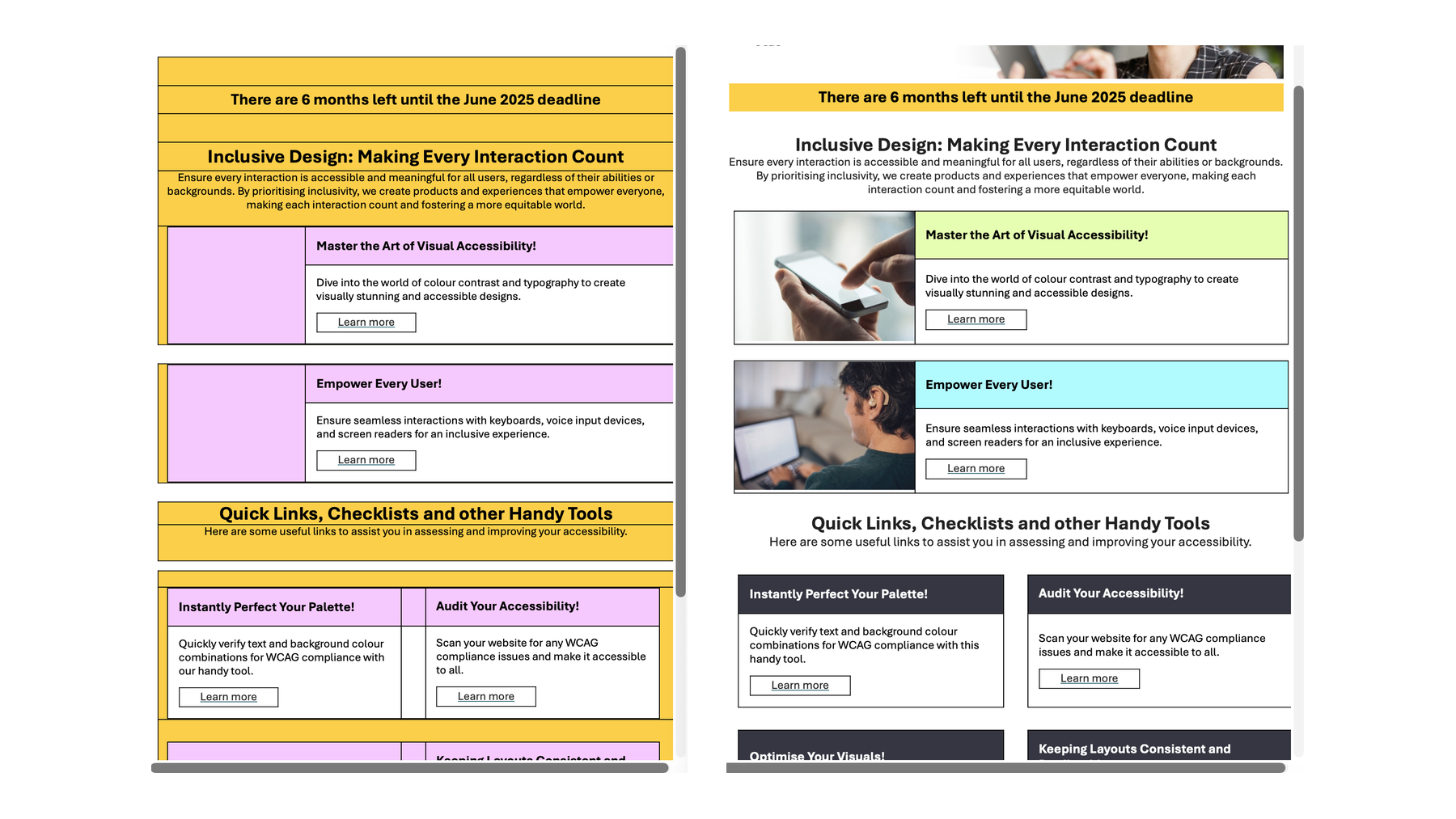 The internal email campaign, early draft beside the final version, built inside Outlook's own tables