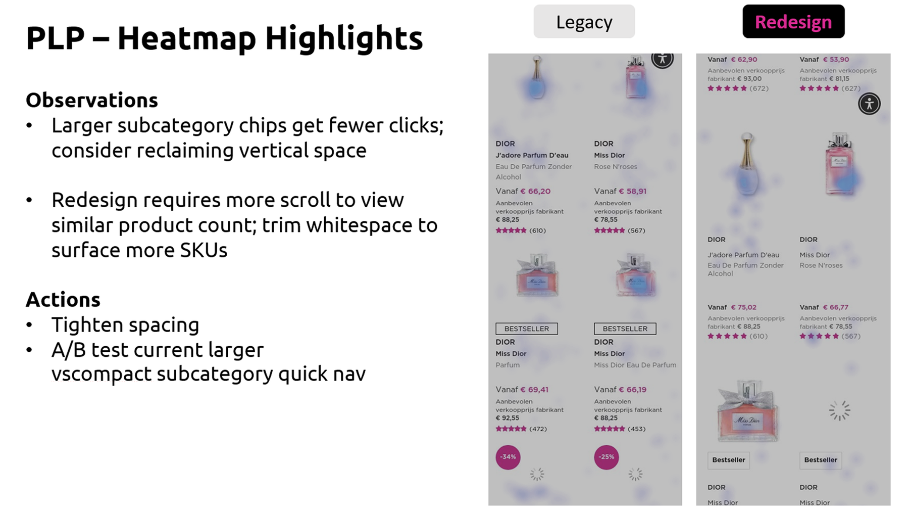 Heatmap analysis of the product listing page, legacy against redesign, with the resulting actions