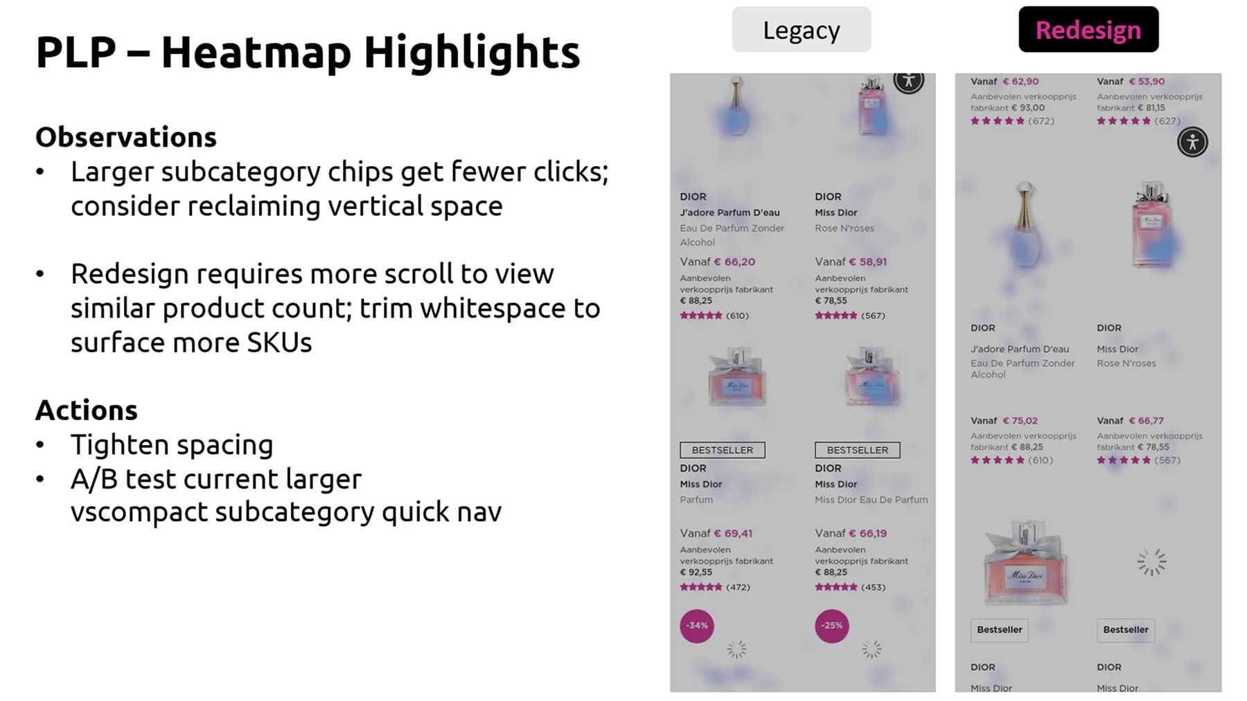 Heatmap analysis of the product listing page, legacy against redesign, with the resulting actions