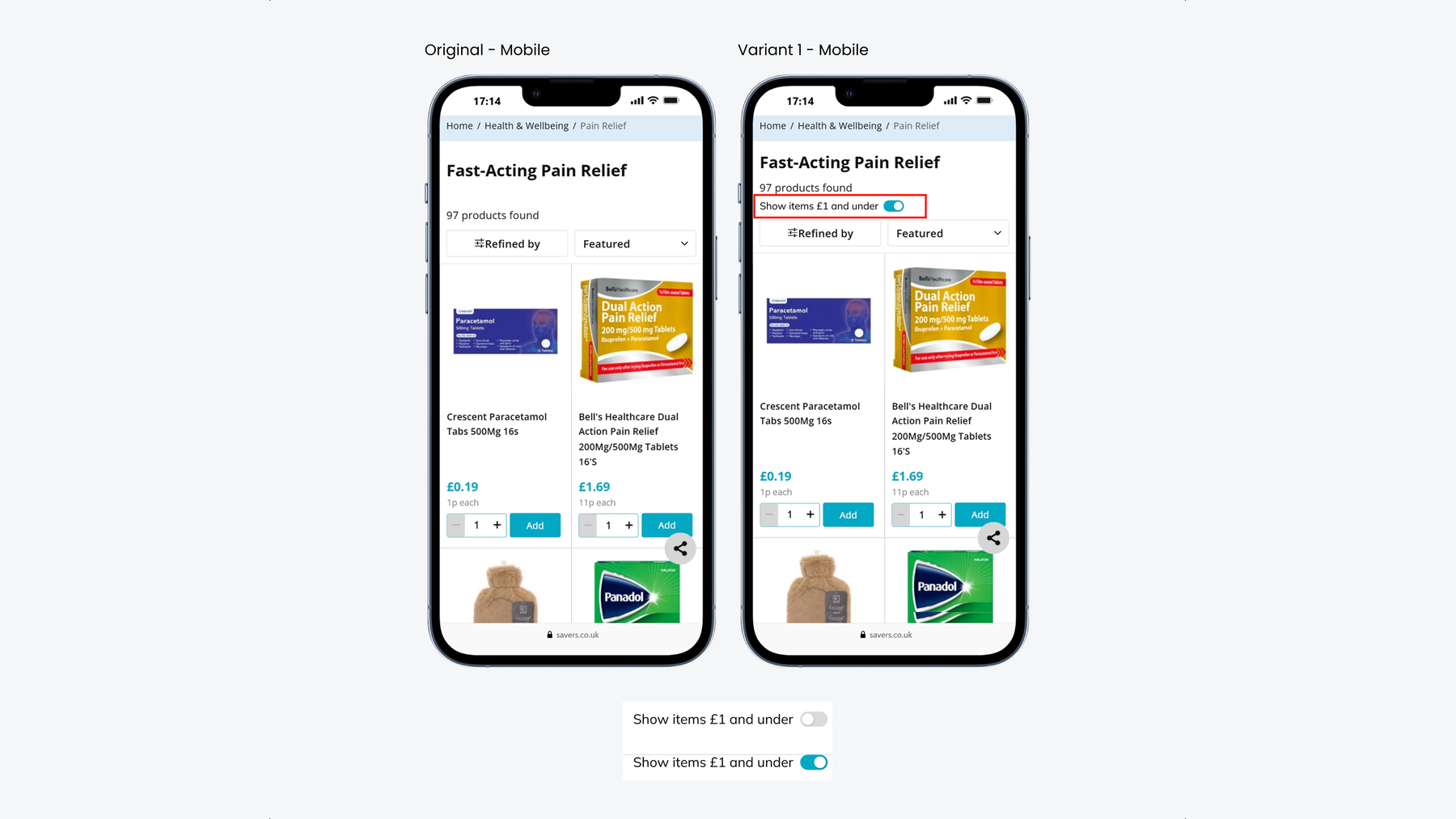 A Savers product listing page with a new toggle for items one pound and under