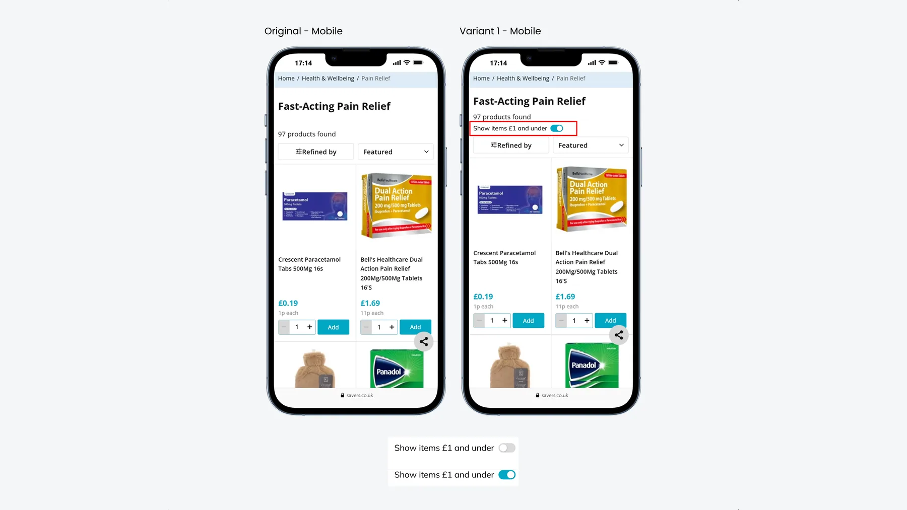 A Savers product listing page with a new toggle for items one pound and under