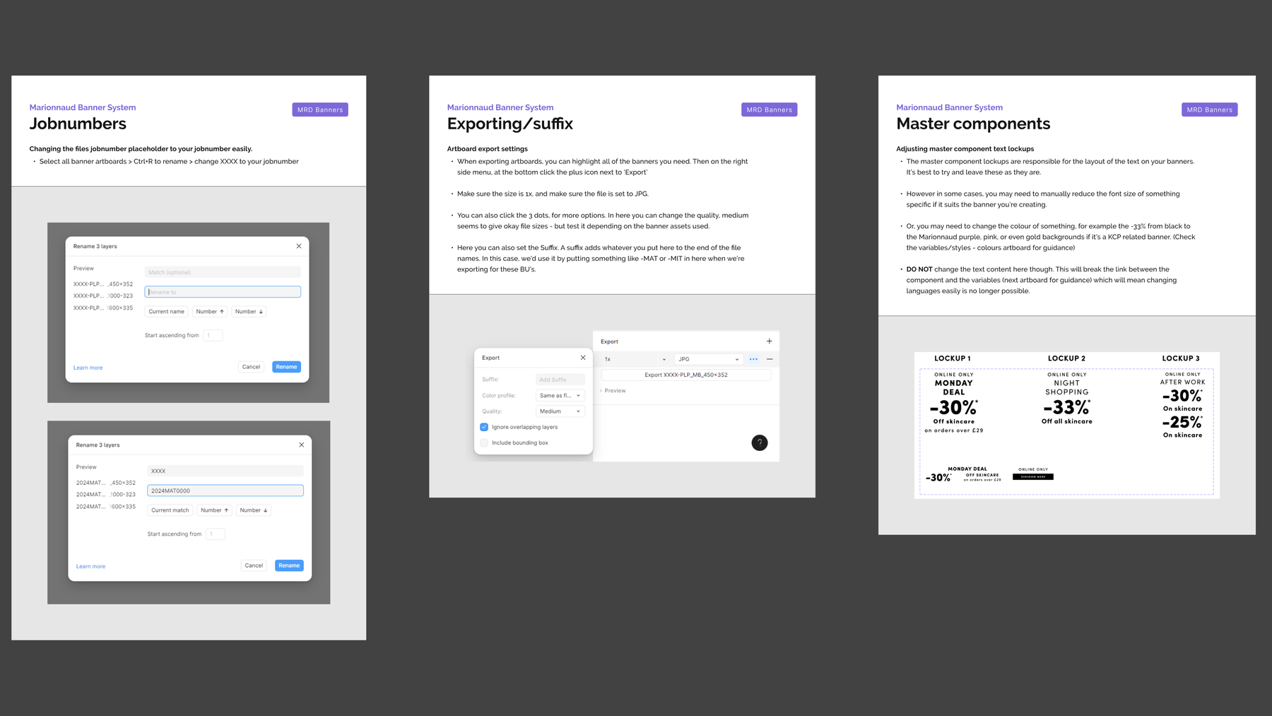 Several pages of the how-to guides, covering job numbers, exporting and the master components