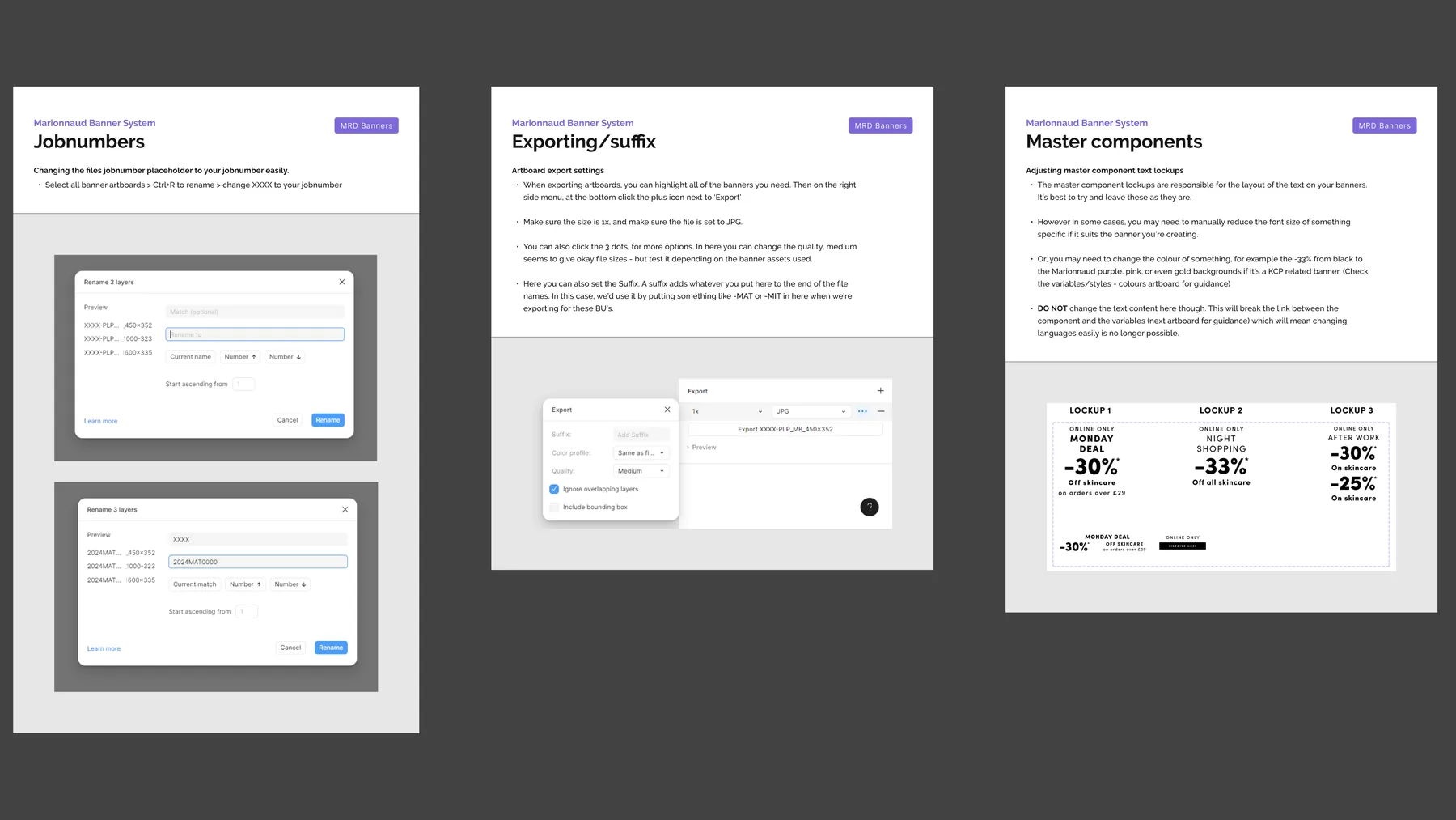 Several pages of the how-to guides, covering job numbers, exporting and the master components