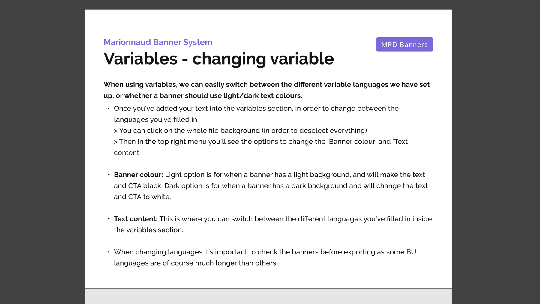 A page from the how-to guides, explaining how to switch a banner between languages and colour modes