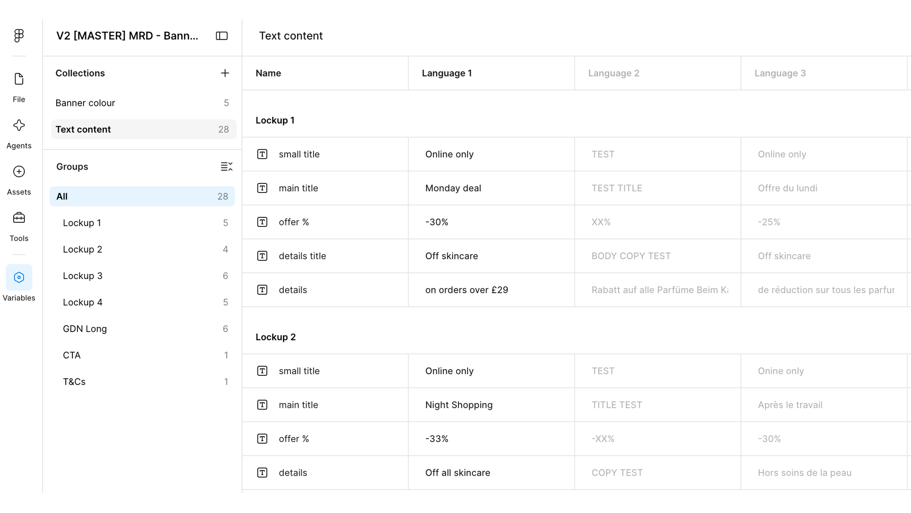 The variables panel, holding the text content for every language in one place