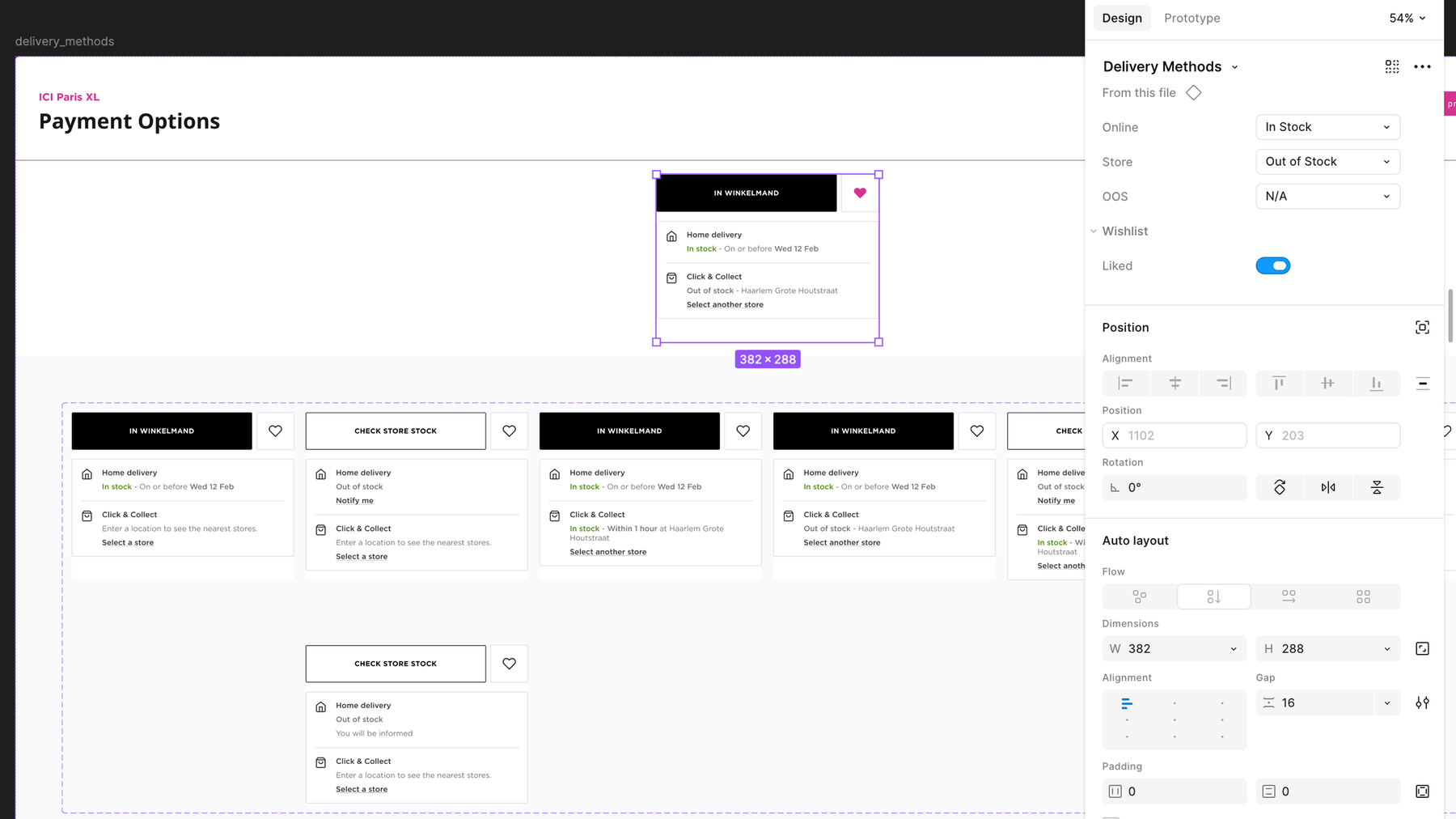 Delivery option components with their states, built with auto layout