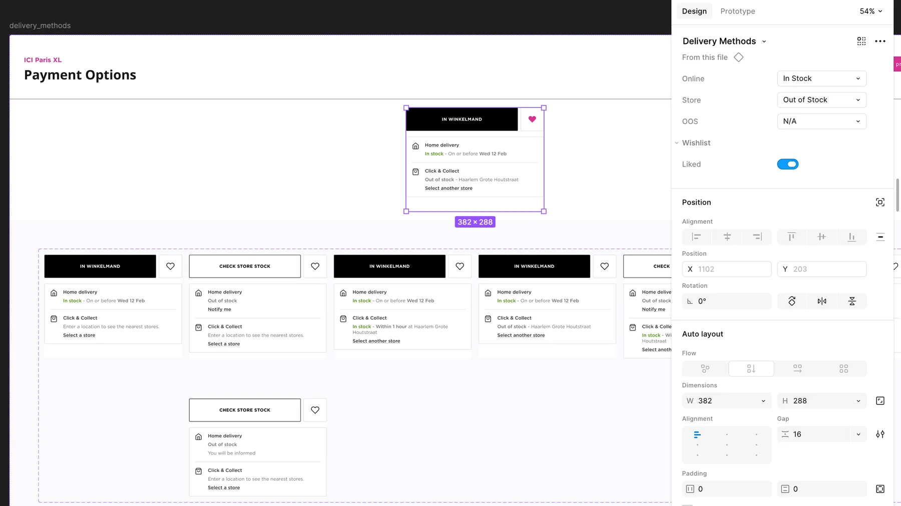 Delivery option components with their states, built with auto layout